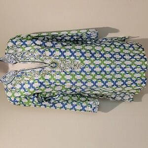 KEY LIME & PINK TUNIC WITH BEADING/SEQUINS IN WHITE  GREEN & BLUE COTTON